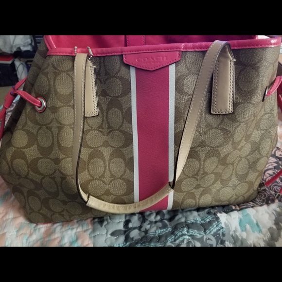 Coach signature khaki pink stripe tote - Picture 2 of 3